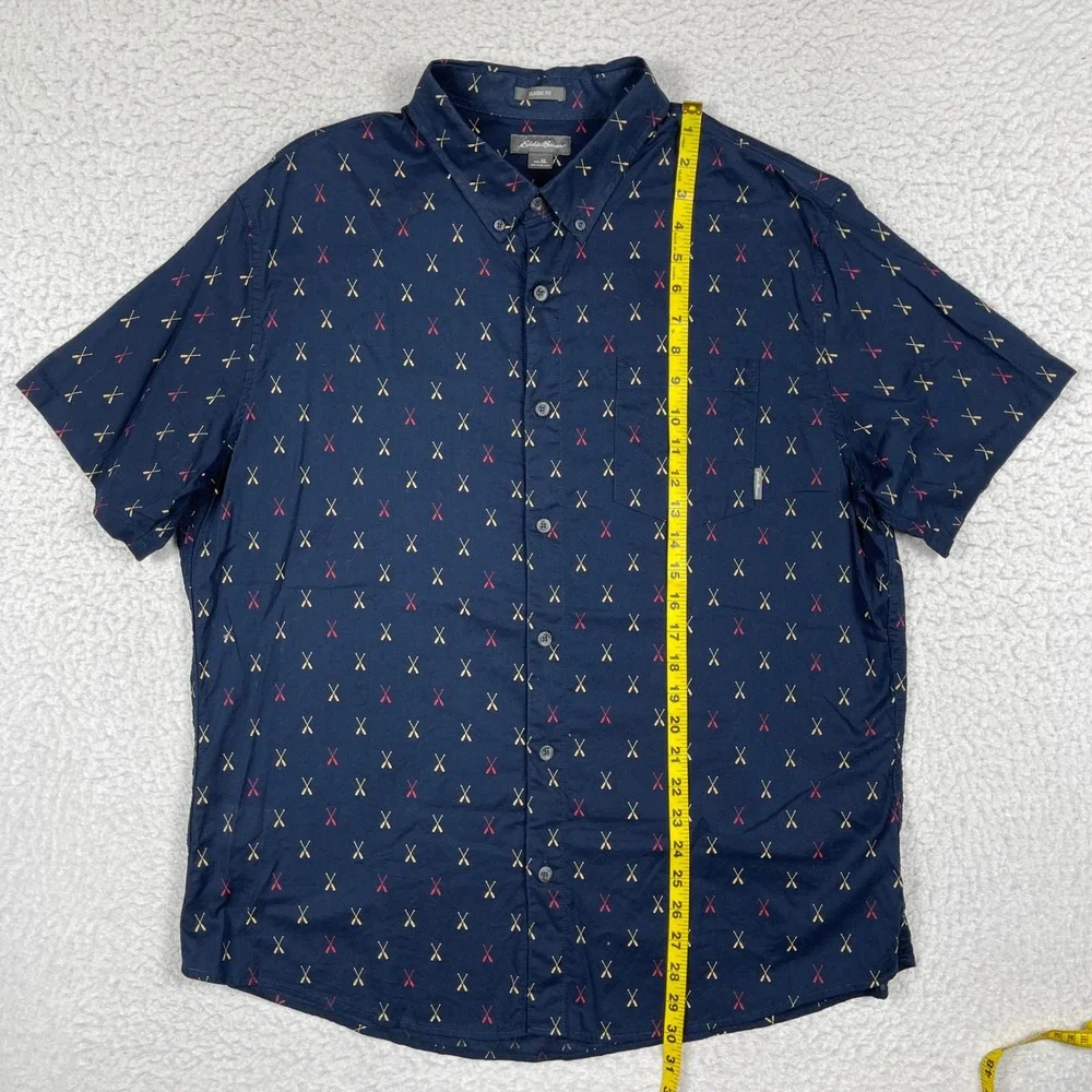 Eddie Bauer Button‎ Down Shirt Mens XL Navy Oar Print Short Sleeve Nautical